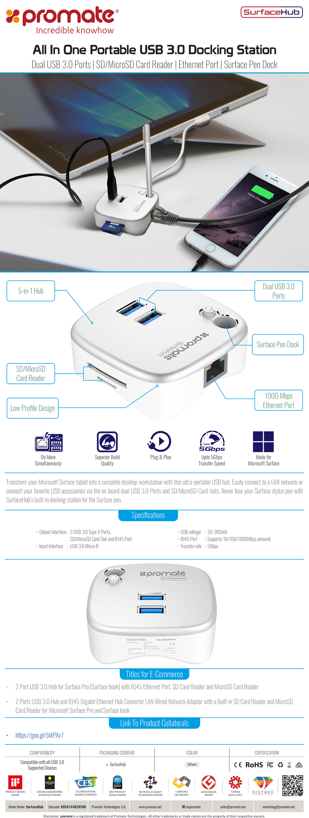 Picture of Promate All-in-One Portable USB 3.0 Docking Station USB 3.0 Card Reader Lan Port Pen Dock Compatible with Surface Pro 3 4 Surface Book Ultrabook Notebooks Laptops SurfaceHub