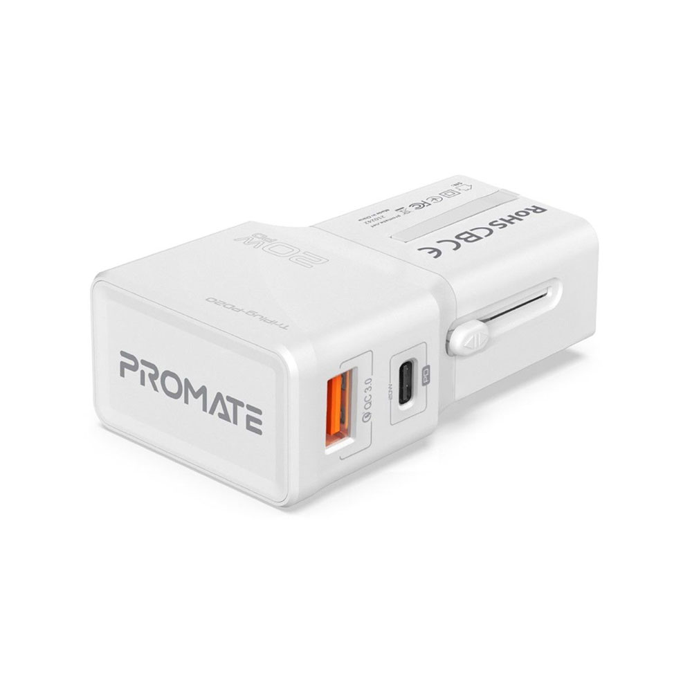 Picture of Promate Universal Travel Adapter Compact Lightweight Mini 20WPD Power Delivery Qualcomm QC3.0 Port Smart IC Travel Adapter (White)