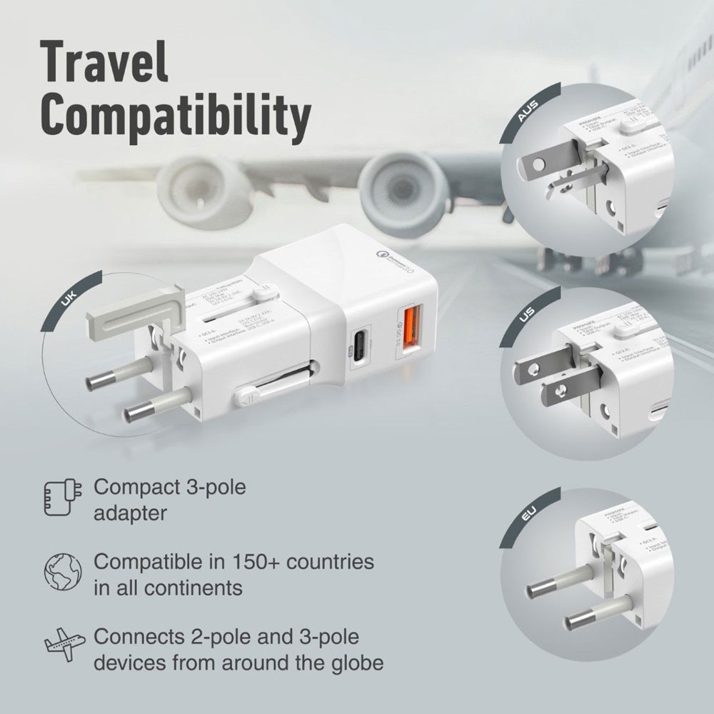 Picture of Promate Universal Travel Adapter Compact Lightweight Mini 20WPD Power Delivery Qualcomm QC3.0 Port Smart IC Travel Adapter (White)