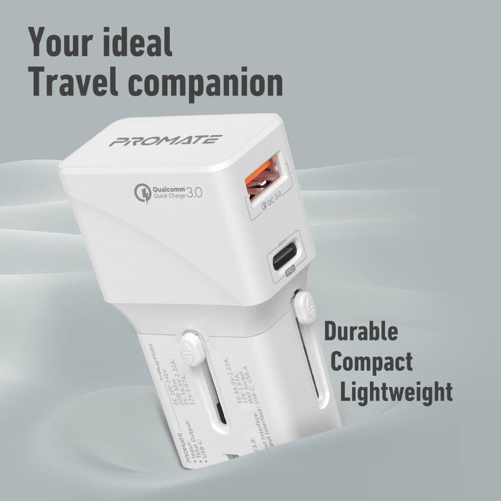 Picture of Promate Universal Travel Adapter Compact Lightweight Mini 20WPD Power Delivery Qualcomm QC3.0 Port Smart IC Travel Adapter (White)