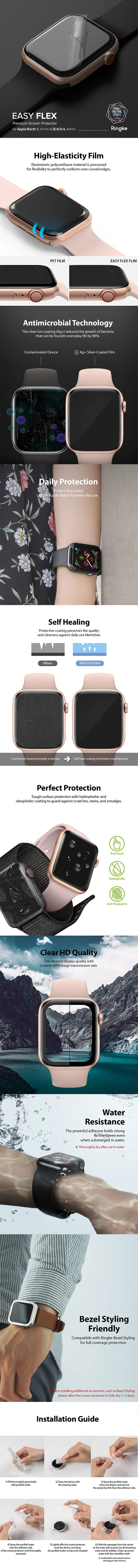 Picture of Apple Watch 41mm Screen Protector | Ringke Easy Flex High Flexibility EPU film Screen Protector for Apple Watch Series 7 8 9 41mm Series 4 5 6 40mm (2 PACK)
