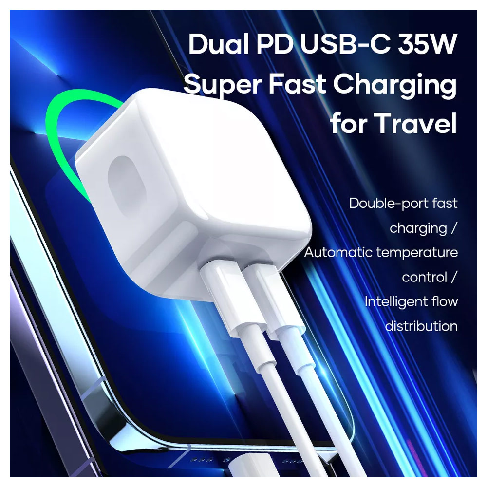 Picture of  Apple iPhone 12 6.1 Charger | Rock Dual Port USB C PD 35W Compact Travel Charger Super Charge for IOS Android Samsung iPhone 13 Pro Max 12 Pro Max 13 Pro Max 14 Pro Max (White UK Plug)