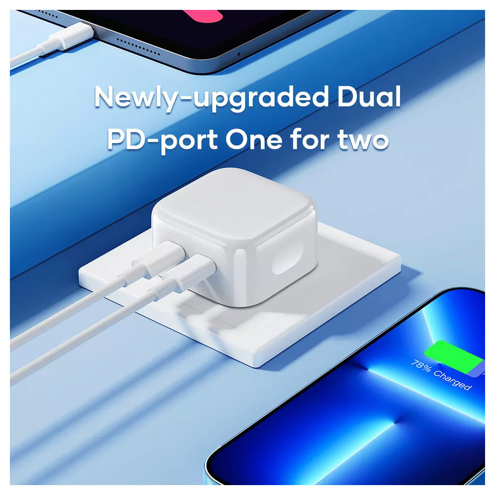 Picture of  Apple iPhone 12 6.1 Charger | Rock Dual Port USB C PD 35W Compact Travel Charger Super Charge for IOS Android Samsung iPhone 13 Pro Max 12 Pro Max 13 Pro Max 14 Pro Max (White UK Plug)