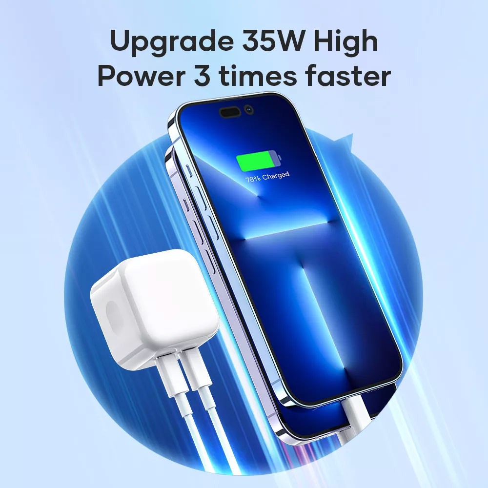 Picture of  Apple iPhone 12 6.1 Charger | Rock Dual Port USB C PD 35W Compact Travel Charger Super Charge for IOS Android Samsung iPhone 13 Pro Max 12 Pro Max 13 Pro Max 14 Pro Max (White UK Plug)