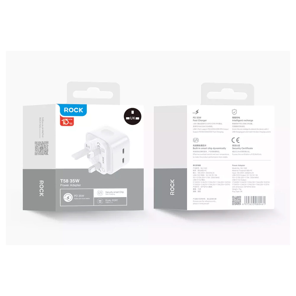 Picture of  Apple iPhone 12 6.1 Charger | Rock Dual Port USB C PD 35W Compact Travel Charger Super Charge for IOS Android Samsung iPhone 13 Pro Max 12 Pro Max 13 Pro Max 14 Pro Max (White UK Plug)