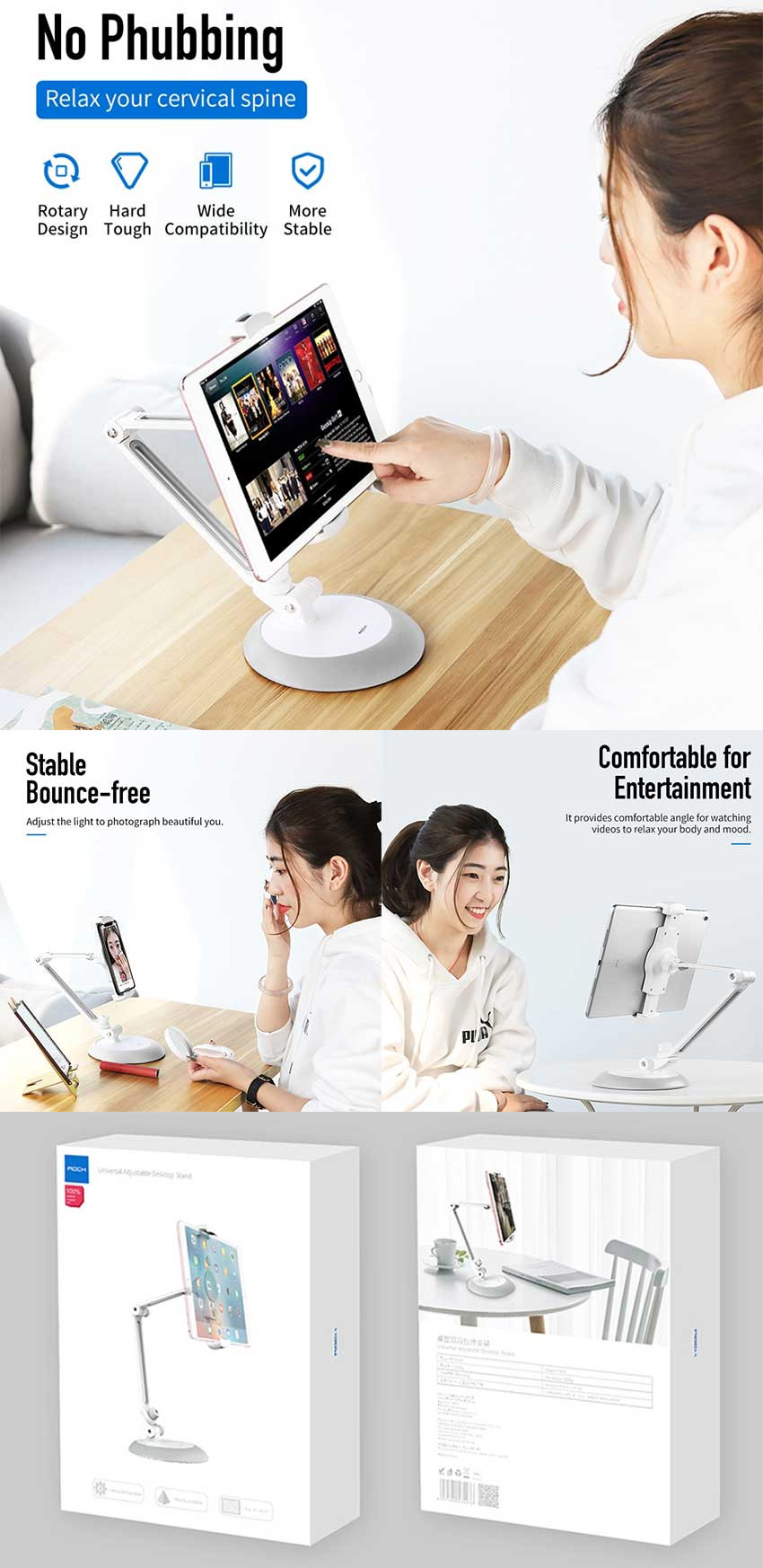 Picture of Rock Aluminum alloy Metal Universal Adjustable Long Arm Desktop Phone iPad Tablet Holder Stand for 4 to 10.5 inches (White)
