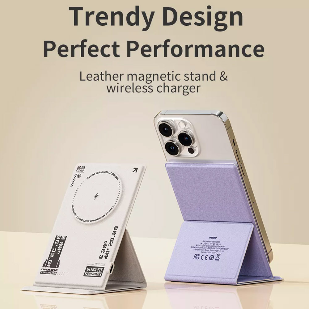 Picture of ROCK W50 PU Leather Phone Holder Stand with Magnetic Wireless Charging Fast Wireless Charger 15W Max for IPhone 14 Pro Max 13 Pro Max 12 Pro Max (White)