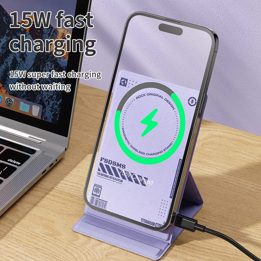 Picture of ROCK W50 PU Leather Phone Holder Stand with Magnetic Wireless Charging Fast Wireless Charger 15W Max for IPhone 14 Pro Max 13 Pro Max 12 Pro Max (White)