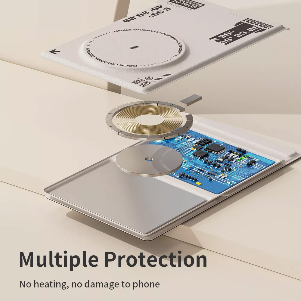 Picture of ROCK W50 PU Leather Phone Holder Stand with Magnetic Wireless Charging Fast Wireless Charger 15W Max for IPhone 14 Pro Max 13 Pro Max 12 Pro Max (White)