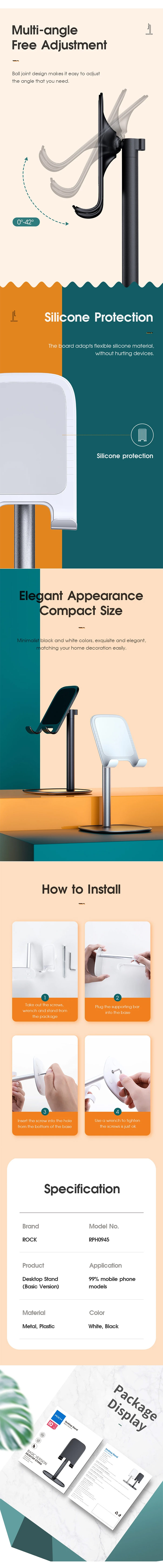 Picture of Rock Basic Version Mini Portable Rotation Adjustable Anti-slip Metal Desktop Stand Tablet Phone Holder for iPhone 12 Pro Max iPhone 11 Pro Max(Black)