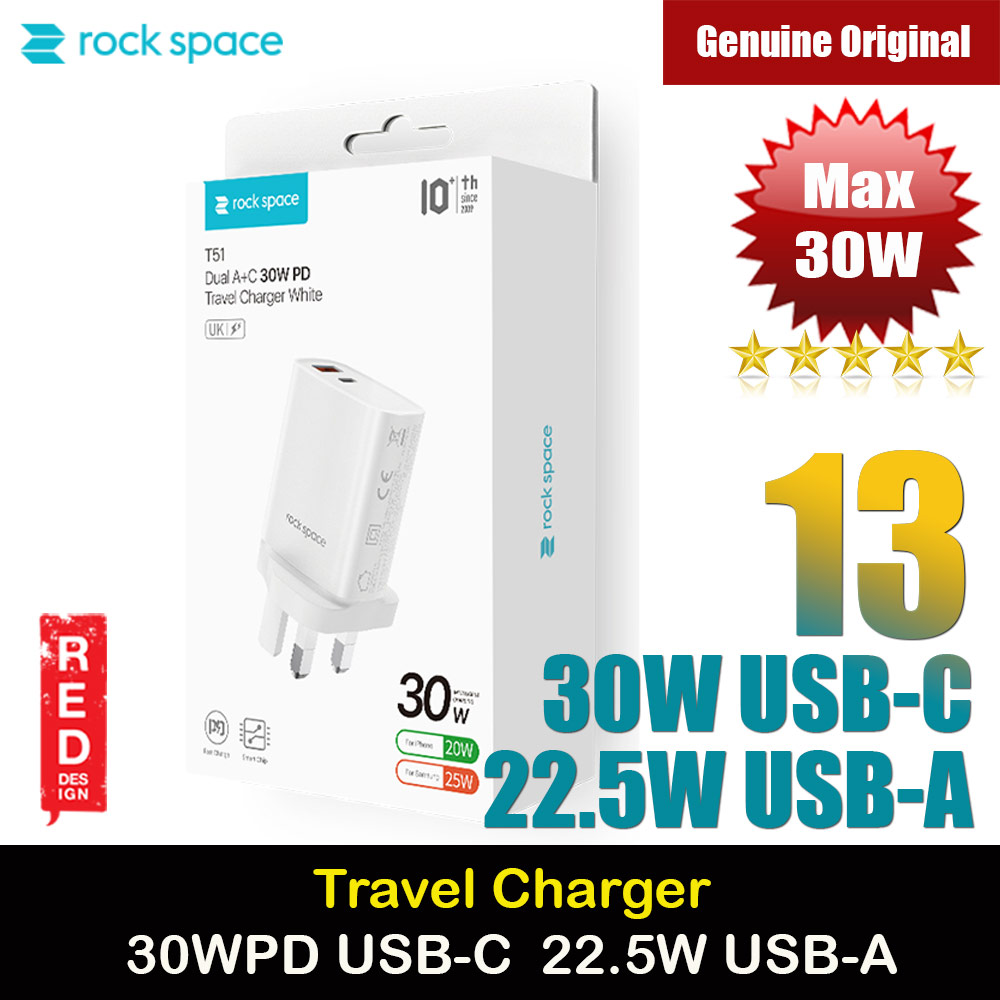Picture of Rock Space T51 30W Max Dual Port Fast Charge Travel Charger for IOS Android iPhone 13 Pro Max 12 Pro Max (White)  Apple iPhone 12 6.1-  Apple iPhone 12 6.1 Cases,  Apple iPhone 12 6.1 Covers, iPad Cases and a wide selection of  Apple iPhone 12 6.1 Accessories in Malaysia, Sabah, Sarawak and Singapore 