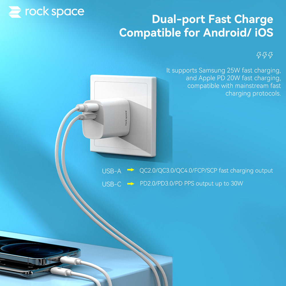 Picture of  Apple iPhone 12 6.1 Charger | Rock Space T51 30W Max Dual Port Fast Charge Travel Charger for IOS Android iPhone 13 Pro Max 12 Pro Max (White)