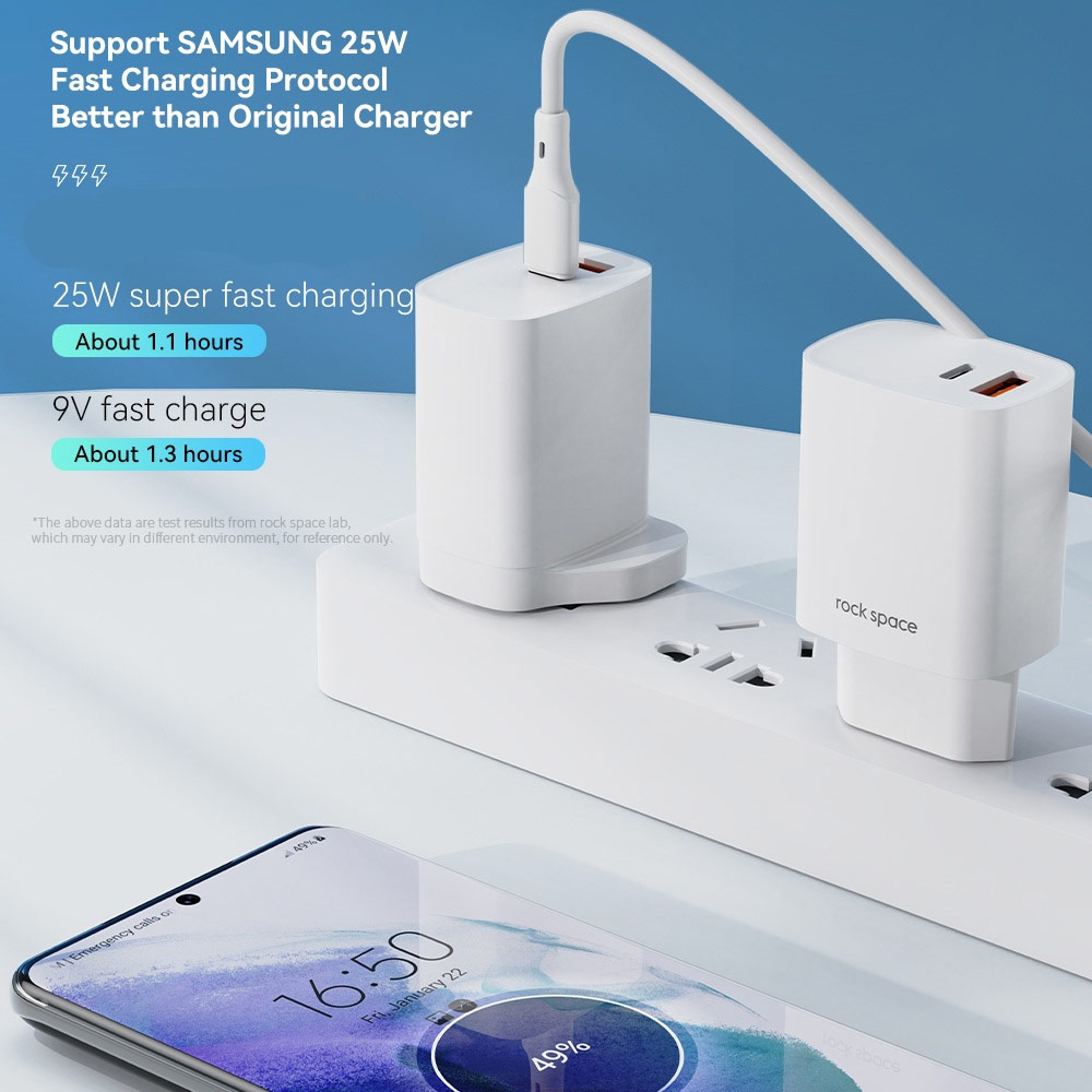 Picture of  Apple iPhone 12 6.1 Charger | Rock Space T51 30W Max Dual Port Fast Charge Travel Charger for IOS Android iPhone 13 Pro Max 12 Pro Max (White)