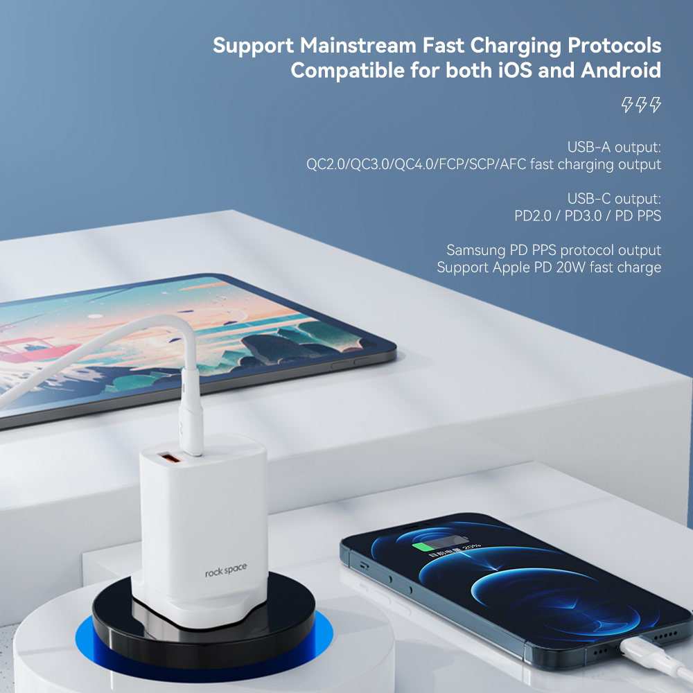 Picture of  Apple iPhone 12 6.1 Charger | Rock Space T51 30W Max Dual Port Fast Charge Travel Charger for IOS Android iPhone 13 Pro Max 12 Pro Max (White)