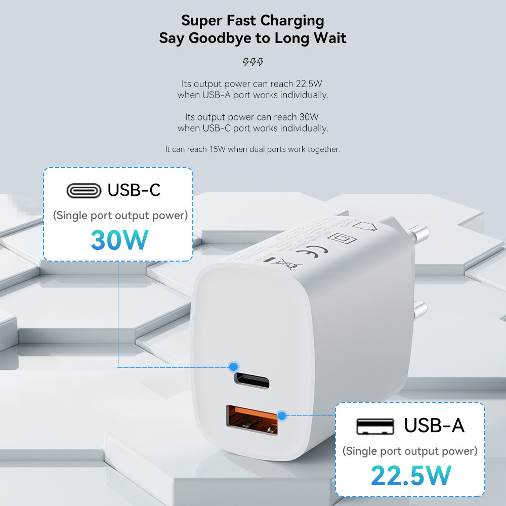 Picture of  Apple iPhone 12 6.1 Charger | Rock Space T51 30W Max Dual Port Fast Charge Travel Charger for IOS Android iPhone 13 Pro Max 12 Pro Max (White)