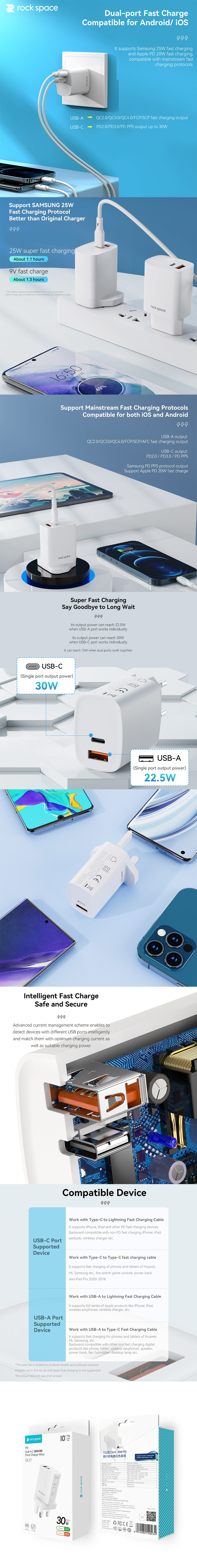 Picture of  Apple iPhone 12 6.1 Charger | Rock Space T51 30W Max Dual Port Fast Charge Travel Charger for IOS Android iPhone 13 Pro Max 12 Pro Max (White)