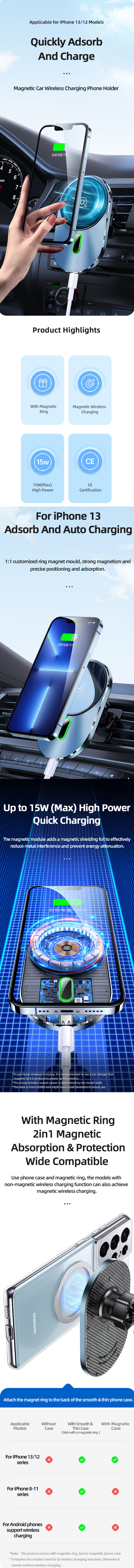 Picture of Apple iPhone 12 mini 5.4  | USAMS Magnetic Car Wireless Charging 15W Max Car Mount Phone Holder for iPhone 13 Pro Max iPhone 12 Pro Max Galaxy S21 Ultra Note 20 Ultra (Air Vent)